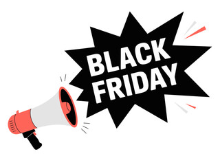 Black Friday sale announcement with a megaphone and starburst.