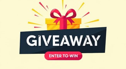 Exciting yellow gift box with red ribbon and giveaway announcement banner with enter to win button