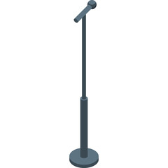 A simple grey microphone stand with a circular base and a slender pole on a transparent background presented in a 3D isometric perspective