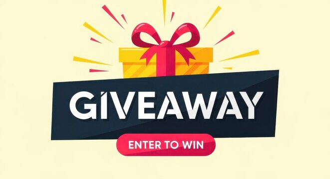 Exciting yellow gift box with red ribbon and giveaway announcement banner with enter to win button