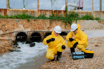 Team of scientists in hazmat suits conducting water sample analysis for pollution and contamination at an industrial wastewater discharge site.