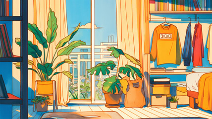 現代建築を思わせる洗練された空間デザインのイラスト素材｜室内・家具・間取り・空間演出・モダンスタイル・建築スケッチ・デザイン性・生活空間・設計