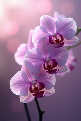 Fototapeta premium of delicate orchid flowers in soft pink and purple hues, showcasing intricate petal details and a blurred, bokeh background that creates a serene and elegant composition.
