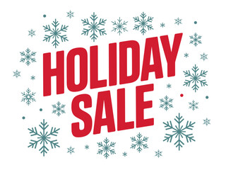 Holiday sale announcement surrounded by snowflakes and dots.