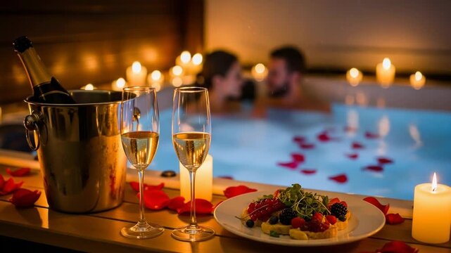 Romantic jacuzzi with champagne, candles, and a couple