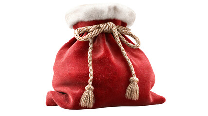 Classic red Santa gift bag filled with presents isolated on white high resolution transparent PNG clipart for Christmas designs cards stickers overlays and festive crafts

