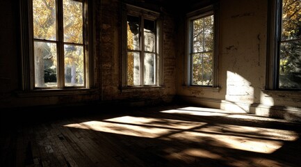 Fototapeta premium Sunlight streams into a dusty, abandoned room