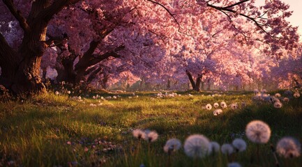 A serene spring meadow, bathed in soft sunlight,  underneath a canopy of vibrant pink cherry blossoms