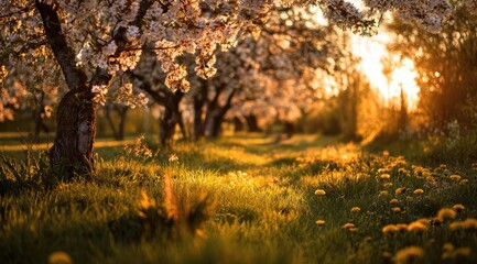 Golden sunset through blossoming trees