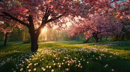 Sunrise in a blossoming spring park