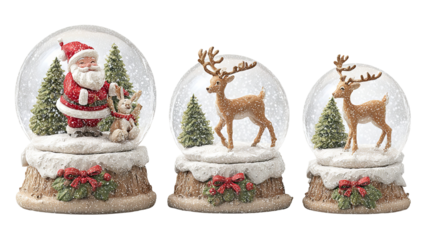 Stacked snow globes with Santa and reindeer variations vertical composition high resolution transparent PNG clipart for Christmas designs cards stickers and festive decor