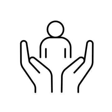 A vector icon of a person held by two open hands, representing protective and inclusive leadership, created in line style with editable stroke