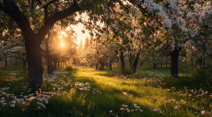 Sunlit orchard path in bloom