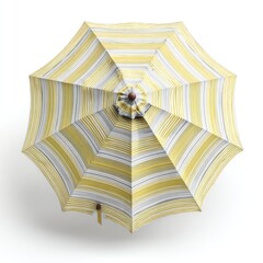 Overhead view of a striped umbrella.  Yellow and gray horizontal stripes on a round umbrella.  Wooden or brown colored top.  Isolated on white background