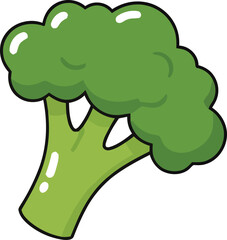 Cartoon Broccoli Illustration with Black Outline and White Highlights on White Background