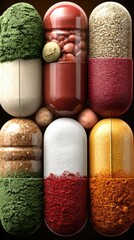 Close-up of multiple capsules, various colors, filled with natural ingredients