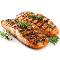 Two grilled salmon fillets, browned and seasoned, with herbs and spices