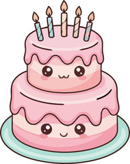 Cute Two Tier Pink Birthday Cake with Candles and Kawaii Face
