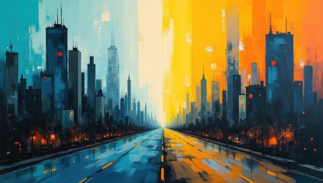 Panoramic cityscape artwork depicts a modern metropolitan area with tall skyscrapers and a reflective road, rendered in vivid hues of blue, orange, and yellow to create a dramatic effect with strong.