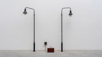 Two streetlights flank a small brown suitcase against a white wall