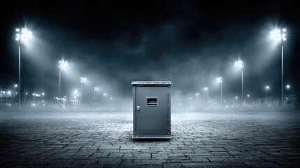 Metal box on paved ground at night, lit by spotlights