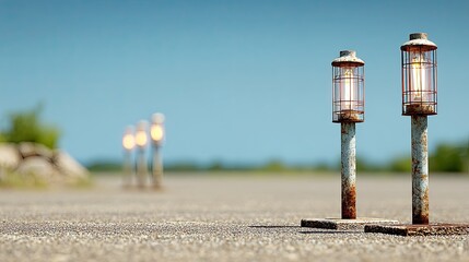 Two weathered, rusty metal lanterns stand on a paved area, with several more blurred in the background under a clear blue sky
