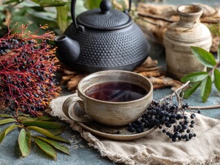 Aromatic elderberry tea, steeped in a rustic setting