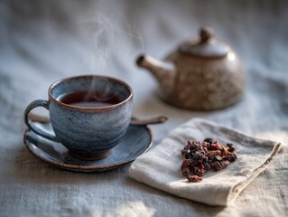 Steaming cup of tea, a ceramic teapot, and dried fruit on linen