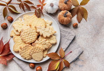 Autumn cookies shaped as leaves and acorns