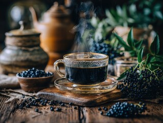 A steaming cup of elderberry tea, surrounded by dried berries and vintage pottery