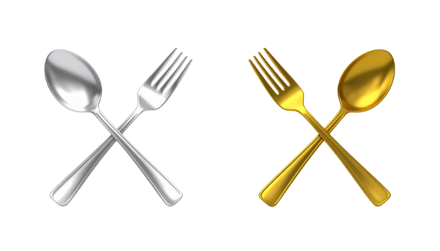 Silver spoon and fork crossed alongside gold spoon and fork in elegant arrangement, isolated on transparent background