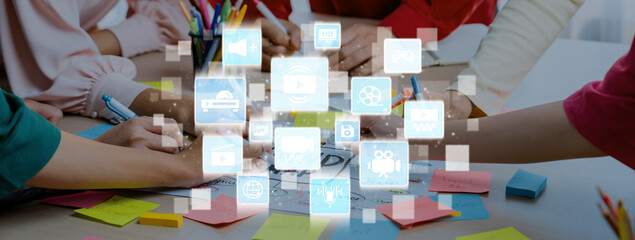 Multimedia technology with video, audio, photo and streaming icons representing digital media,...
