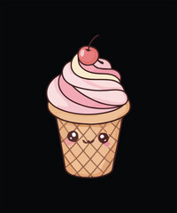 Cute Cartoon Ice Cream Cone with Cherry on Top on Black Background