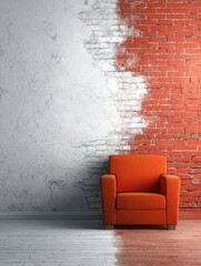 Orange armchair in a room with half-painted walls