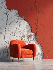 A vibrant orange armchair in a room with a distressed wall