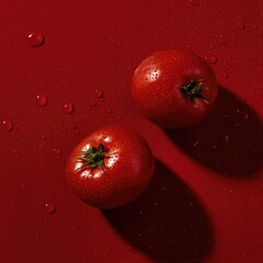 Two vibrant red tomatoes, glistening with water droplets, sit on a deep crimson surface