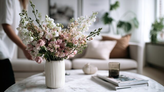 Scandinavian Floral Living Room Home Decor realistic photography of interior designer arranging fresh flowers in a minimalist Nordic living room