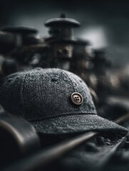 Close-up of a dark gray baseball cap.  Dark, textured fabric with a subtle pattern.  A small, bronze button is centered on the front.  Out-of-focus background of metal components and fishing gear