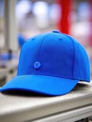 Close-up of a vibrant blue baseball cap.  A single button is centered on the front.  Blurred background suggests a manufacturing setting