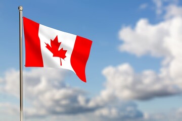 Canada red and white flag waving at blue sky background.