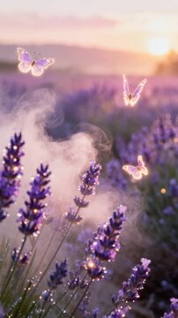 sunrise dreamy lavender meadow is dotted with crystal dewdrops and butterflies of light dance softly