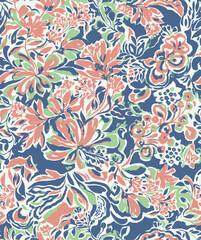floral pattern features an intricate blend of blooming flowers, leaves. seamless, vector-ready design showcases a dynamic composition with bold, overlapping floral, fashion textiles, home decor