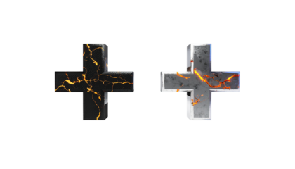 Black plus symbol with molten gold cracks and metallic silver plus symbol with glowing copper veins, isolated on transparent background
