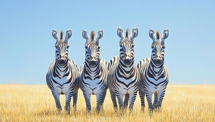 A group of four zebras standing in a field of dry grass under sky