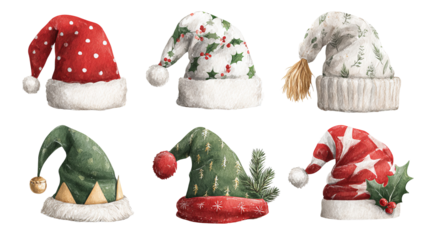 Six Santa and elf hats PNG clipart high resolution transparent set with holly and winter patterns for Christmas designs cards stickers and festive projects