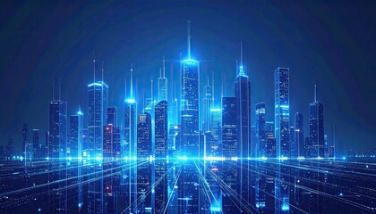 Fototapeta premium Futuristic Blue Cityscape at Night With Glowing Lights and Skyscrapers