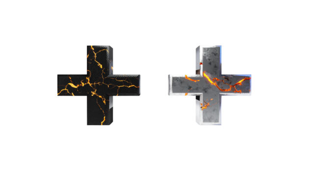 Black plus symbol with molten gold cracks and metallic silver plus symbol with glowing copper veins, isolated on transparent background - Powered by Adobe