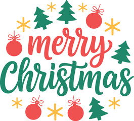 Festive merry christmas greeting card design with ornaments snowflakes and pine trees minimalist style for holiday wishes