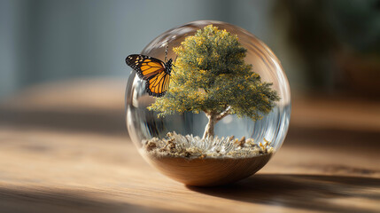 Encapsulated Eden: A vibrant butterfly delicately perches on the transparent sphere. Within the orb, a miniature tree thrives on the soil, symbolizing the harmony between life and environment.