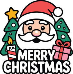 Joyful merry christmas scene featuring a friendly santa claus surrounded by festive trees gifts and a glowing candle bringing holiday cheer